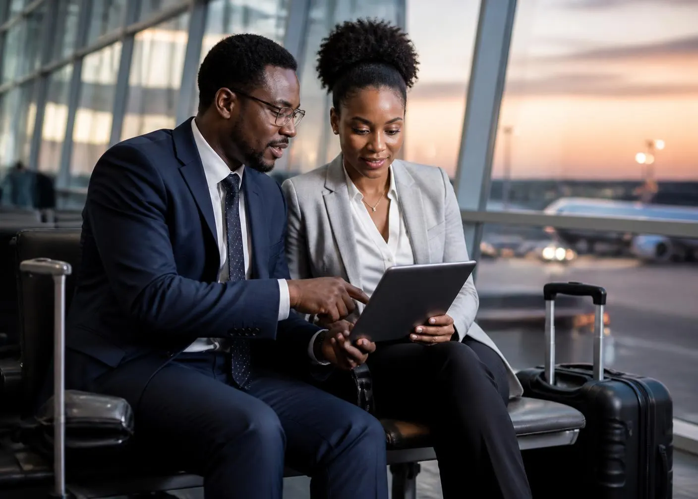 Two executives reviewing travel plans in an airport lounge