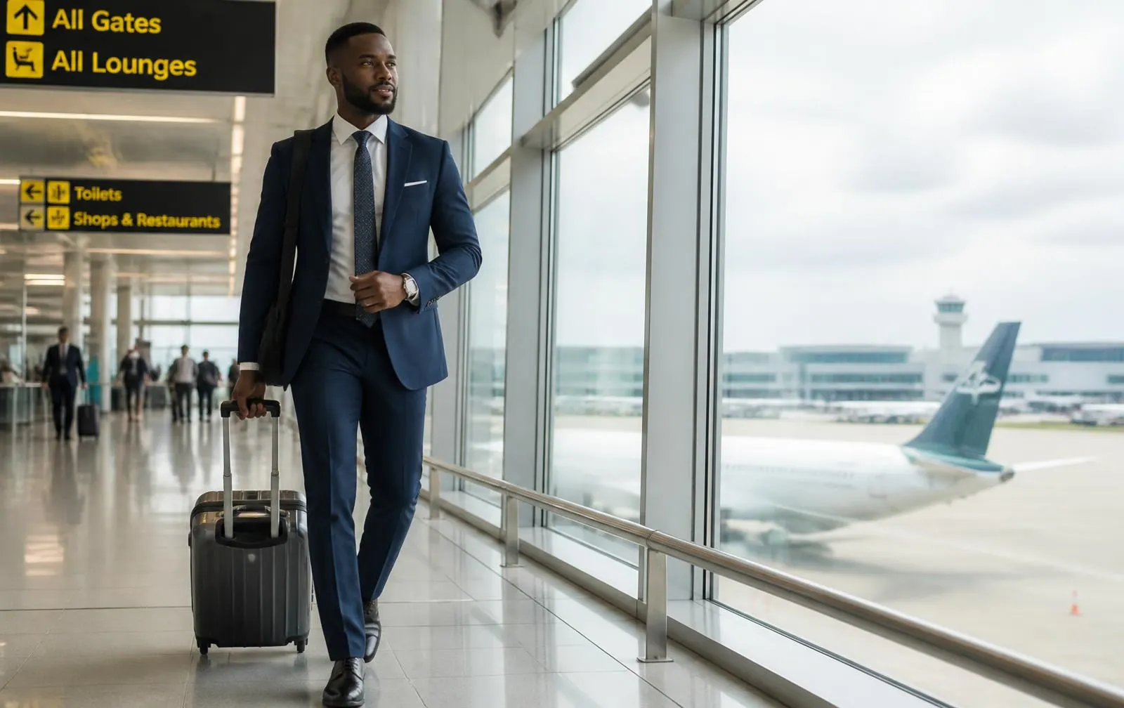 Business traveller walking through an international airport terminal